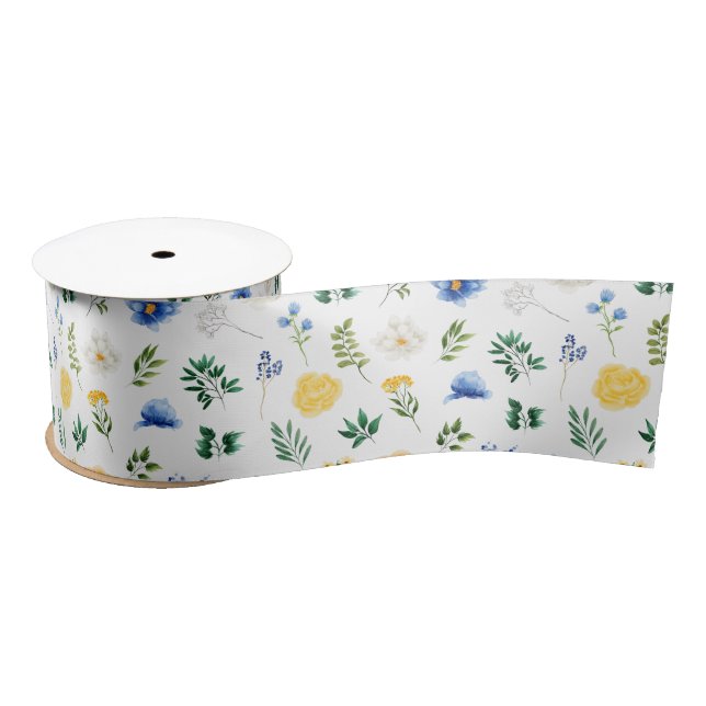Blue and Yellow Flowers with Foliage Pattern Satin Ribbon (Spool)