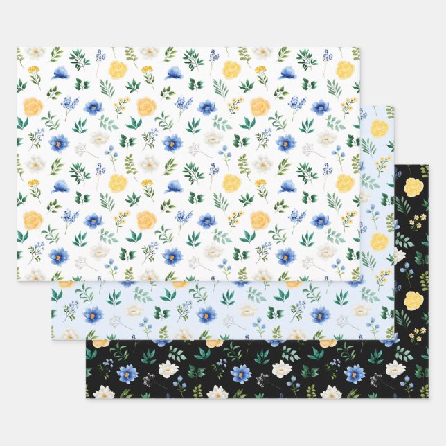 Blue and Yellow Flowers with Foliage Pattern Wrapping Paper Sheet (Set)