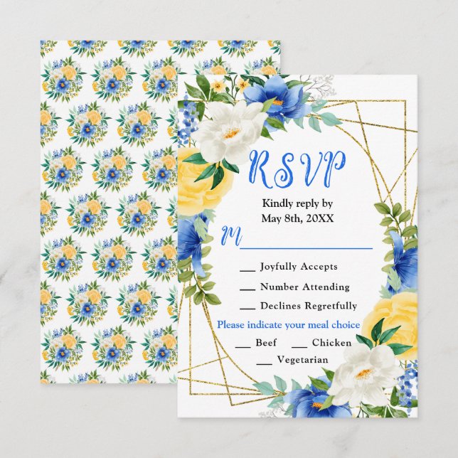 Blue and Yellow Flowers with Foliage Wedding RSVP Card (Front/Back)