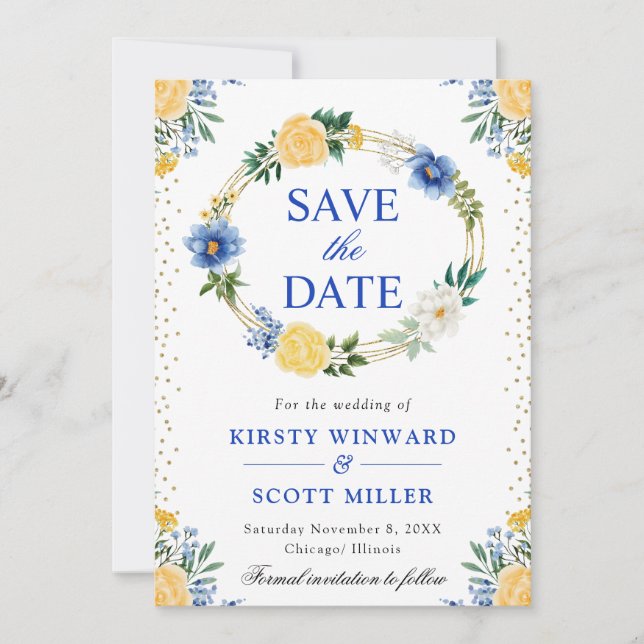 Blue and Yellow Flowers Wreath Wedding Save The Date (Front)