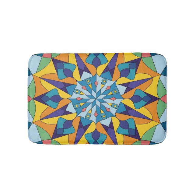Blue and yellow fractal geometric pattern bath mat (Front)