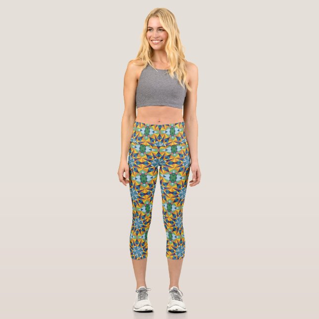 Blue and yellow fractal geometric pattern capri leggings (Front)