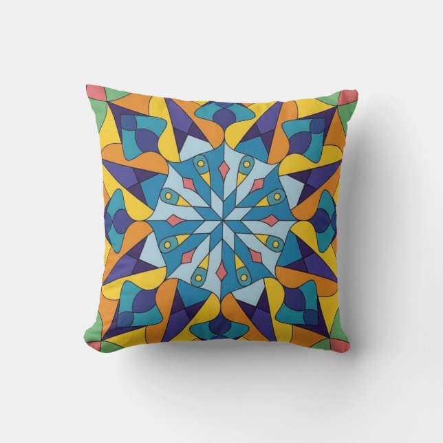 Blue and yellow fractal geometric pattern cushion (Front)