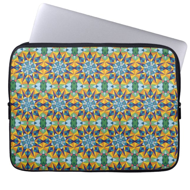 Blue and yellow fractal geometric pattern laptop sleeve (Front)