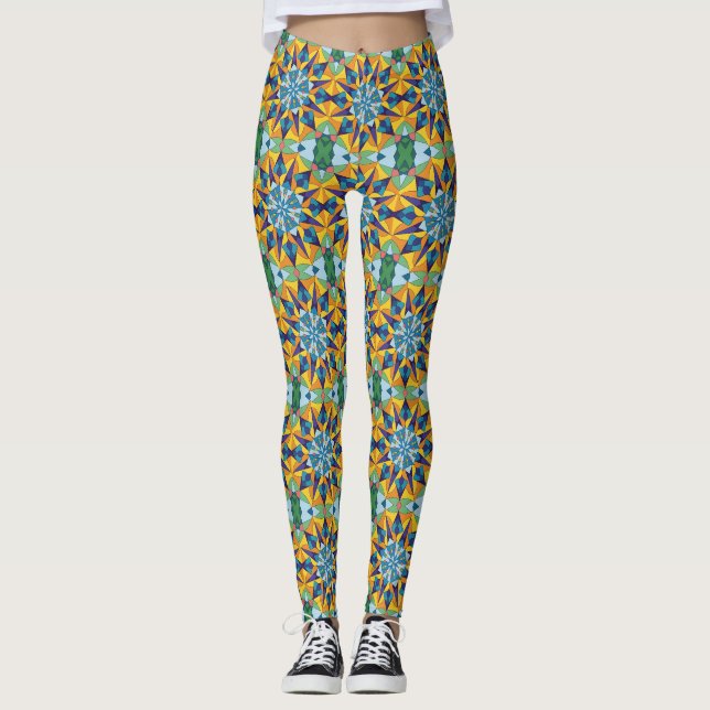 Blue and yellow fractal geometric pattern leggings (Front)