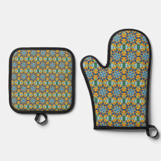 Blue and yellow fractal geometric pattern oven mitt & pot holder set
