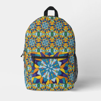 Blue and yellow fractal geometric pattern printed backpack