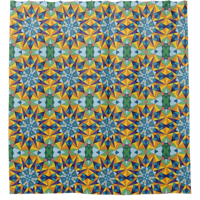 Blue and yellow fractal geometric pattern shower curtain (Front)