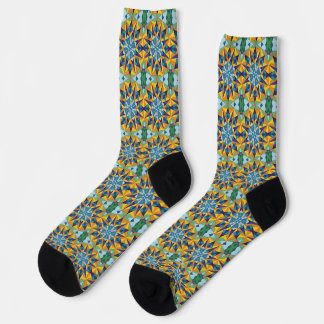 Blue and yellow fractal geometric pattern socks