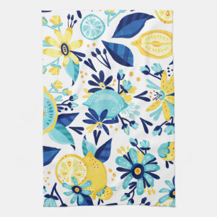 Blue And Yellow Fruit And Flowers Tea Towel