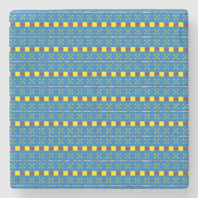 Blue and Yellow Geometric Ethnic Folk art pattern Stone Coaster (Front)