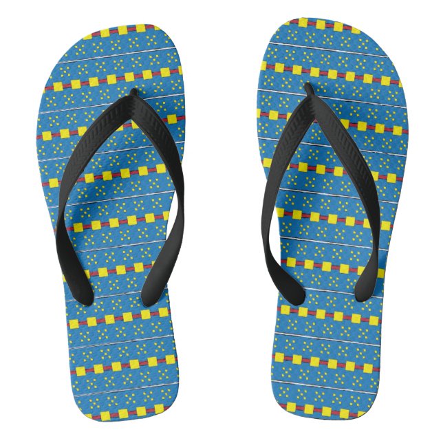 Blue and Yellow Geometric Ethnic Folk art pattern Thongs (Footbed)