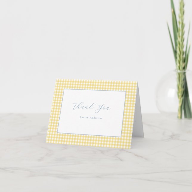 Blue and Yellow Gingham Personalised Thank You Note Card (Front)