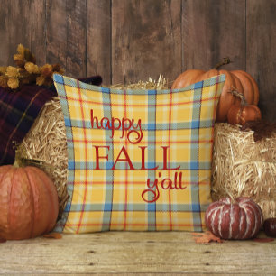 Blue and Yellow Gingham Plaid Happy Fall Y'all Cushion