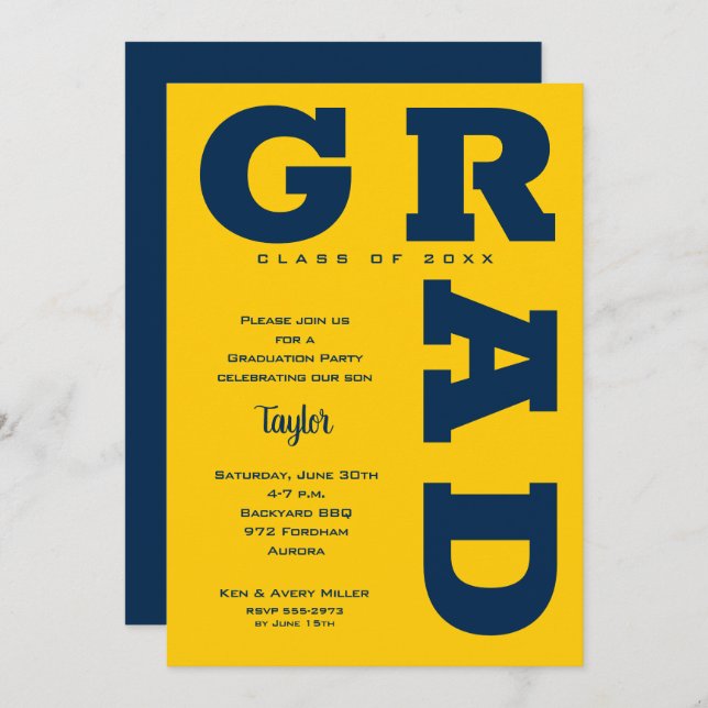Blue and Yellow Graduation Party Invitation (Front/Back)