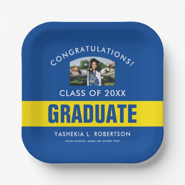 Blue and Yellow Graduation Personalised Photo Paper Plate (Front)