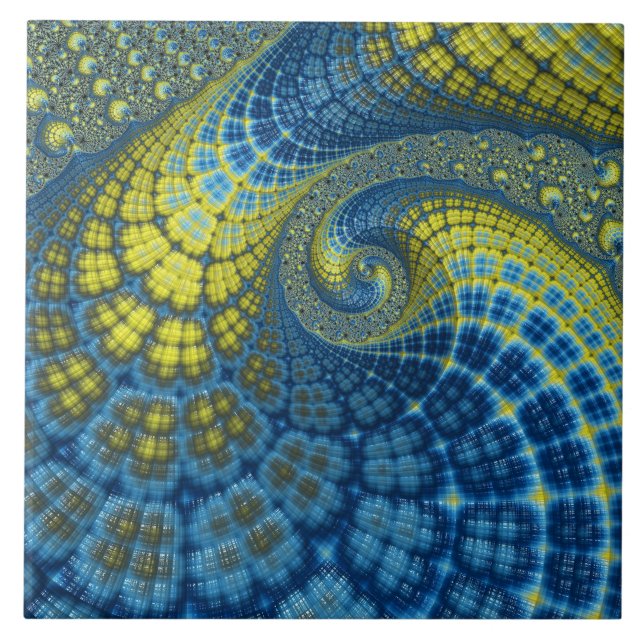 Blue and Yellow Groovy Batik Look Fractal Abstract Ceramic Tile (Front)