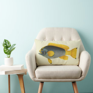 Blue and Yellow Grouper Fish, Vintage Marine Life Lumbar Cushion