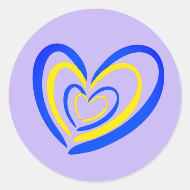Blue and Yellow Heart on Lavender Ukraine Inspired Classic Round Sticker (Front)