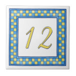 Blue and Yellow House Number Tile<br><div class="desc">A hand drawn blue and yellow chequered frame around a yellow house number on a white background with dark blue outlines.</div>