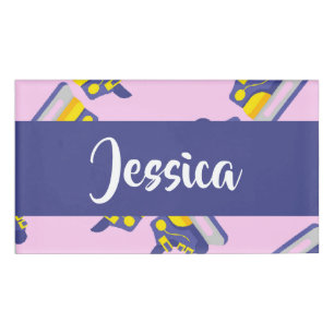 Blue and yellow ice skating shoes name tag