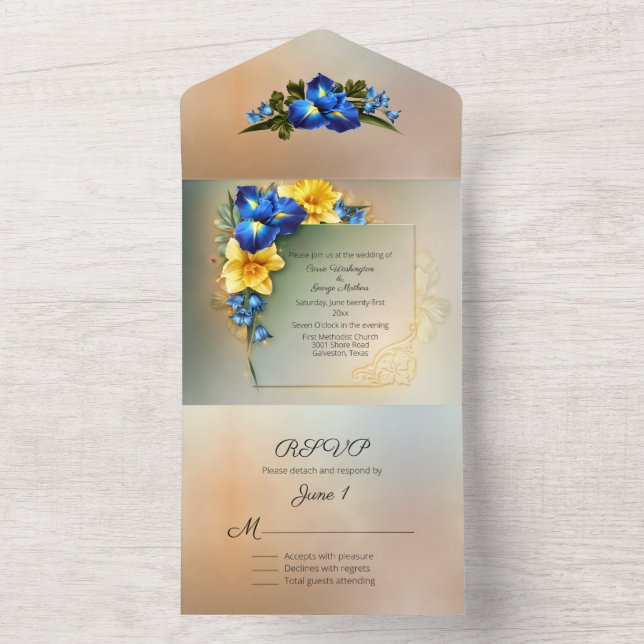 Blue and Yellow Irises Wedding All In One Invitation (Inside)