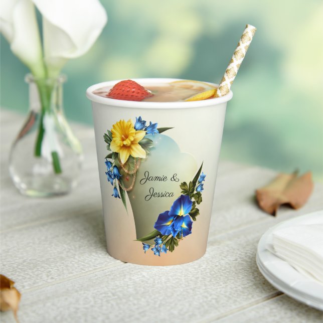 Blue and Yellow Irises Wedding Paper Cups (Insitu)