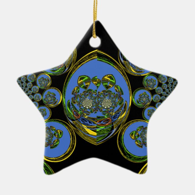 Blue and Yellow Kaleidoscope Art Print Ceramic Tree Decoration (Front)