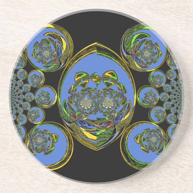 Blue and Yellow Kaleidoscope Art Print Coaster (Front)