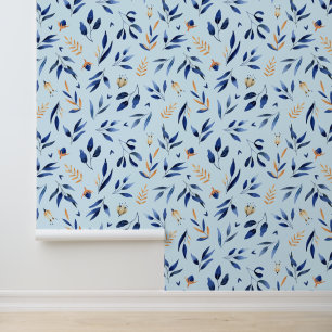 Blue and yellow leavs botanica seamless patterns wallpaper