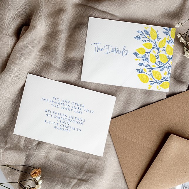 Blue and yellow lemon vines the details enclosure card (Refreshing Blue and Yellow Lemon Vines "The Details" Wedding Enclosure Card.)