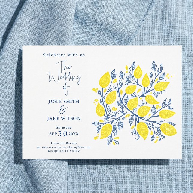 Blue and yellow lemon vines wedding invitation (Blue and yellow lemon vines wedding invitation.)
