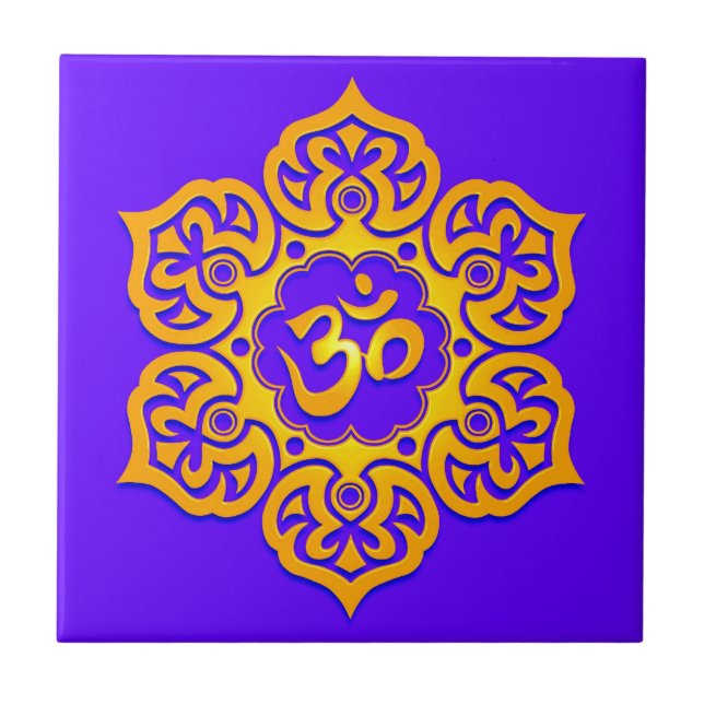 Blue and Yellow Lotus Flower Om Ceramic Tile (Front)