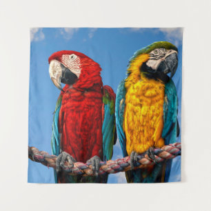 Blue and yellow macaw and a Scarlet macaw Tapestry