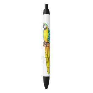 Blue-and-yellow macaw bird cartoon illustration black ink pen
