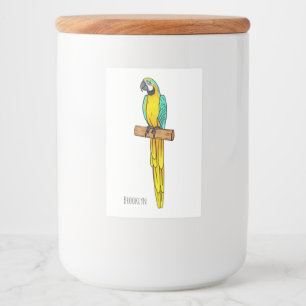 Blue-and-yellow macaw bird cartoon illustration food label
