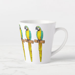 Blue-and-yellow macaw bird cartoon illustration latte mug
