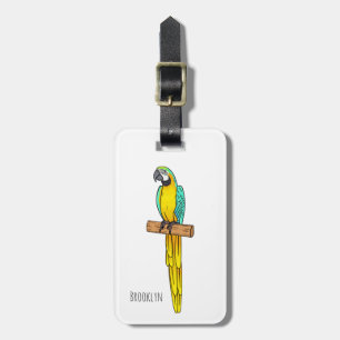 Blue-and-yellow macaw bird cartoon illustration luggage tag