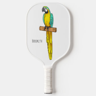 Blue-and-yellow macaw bird cartoon illustration pickleball paddle
