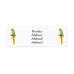 Blue-and-yellow macaw bird cartoon illustration return address label