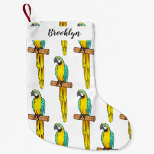 Blue-and-yellow macaw bird cartoon illustration small christmas stocking