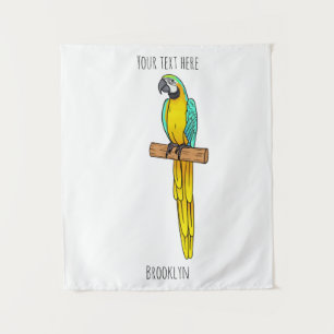 Blue-and-yellow macaw bird cartoon illustration tapestry
