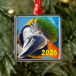 Blue and Yellow Macaw Head Cocked to Side Metal Ornament