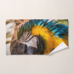 Blue and yellow macaw portrait bath towel set