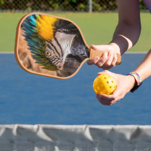 Blue and yellow macaw portrait pickleball paddle