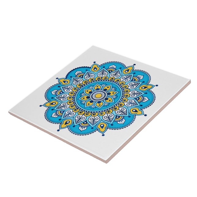 Blue and Yellow Mandala Ceramic Tile. Ceramic Tile (Side)
