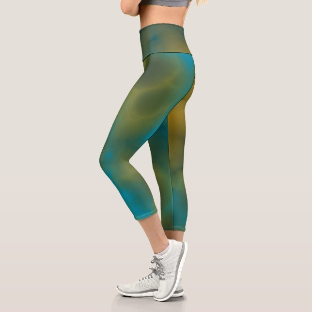 blue and yellow marble Abstract Capri Leggings (Left)