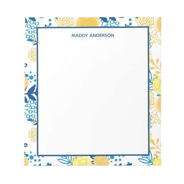 Blue and Yellow Marigolds Pattern Personalised Notepad (Front)