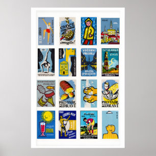 Blue and Yellow Matchbox Label Collage, mid Poster