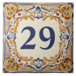 Blue and Yellow Mediterranean House Number Plaque Ceramic Tile<br><div class="desc">"custom house number sign",  "personalised house number plaque",  "personal customised text plate",  "spanish design ceramic tile",  "mexican latino hispanic style",  "portuguese italian traditional folk art",  "blue yellow decorative ornate no",  "gold cream navy white",  "villa casa del della",  "antique vintage mediterranean abstract"</div>